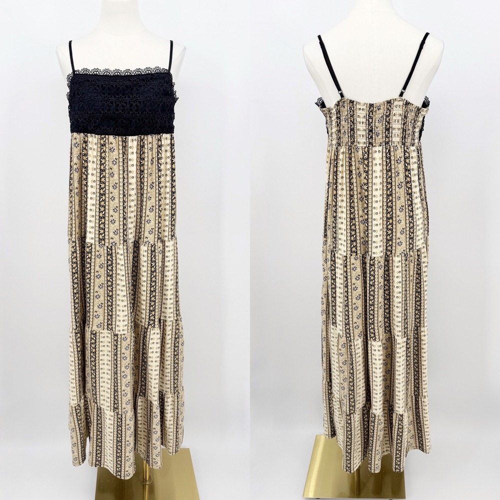 No Boundaries Lace Bodice Tiered Maxi Dress Floral Boho Black Tan L Cottagecore - Picture 2 of 7